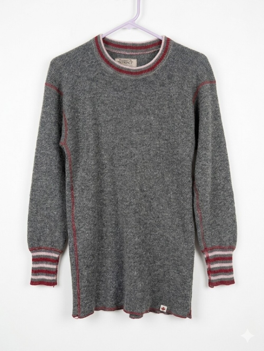 Stanfield's Heritage  Gray Crewneck Women's Wool Sweater with Red Trim Sz Medium